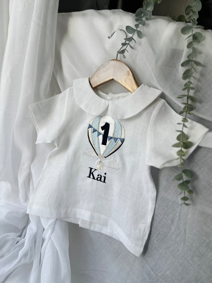 Baby and Toddler Boys white linen baptism outfit with bloomers and blouse shirt