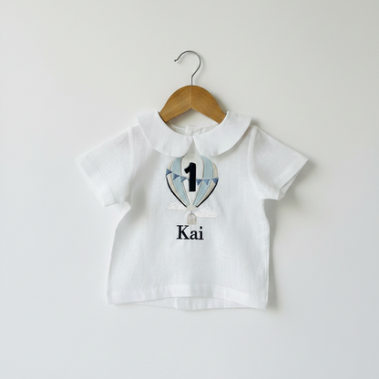 Baby and Toddler Boys white linen baptism outfit with bloomers and blouse shirt
