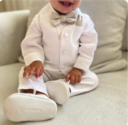Boys white linen full length Baptism set with vest, shirt, pants, suspenders and bow tie