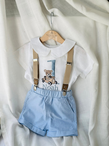 Blue and white linen first Birthday and Baptism blouse with suspender shorts set