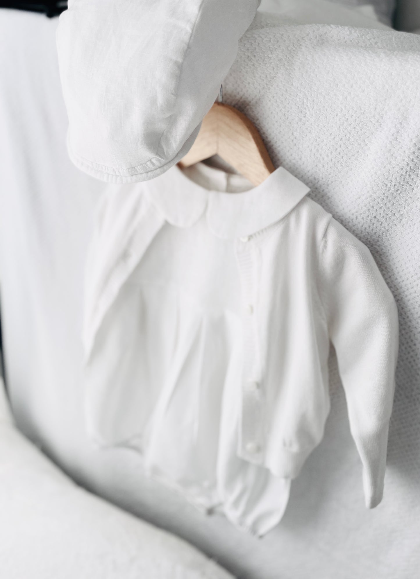 Linen Baptism peter pan collar romper outfit with optional embroidery customisation