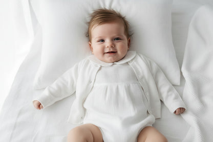 Linen Baptism peter pan collar bubble romper with optional embroidery customisation