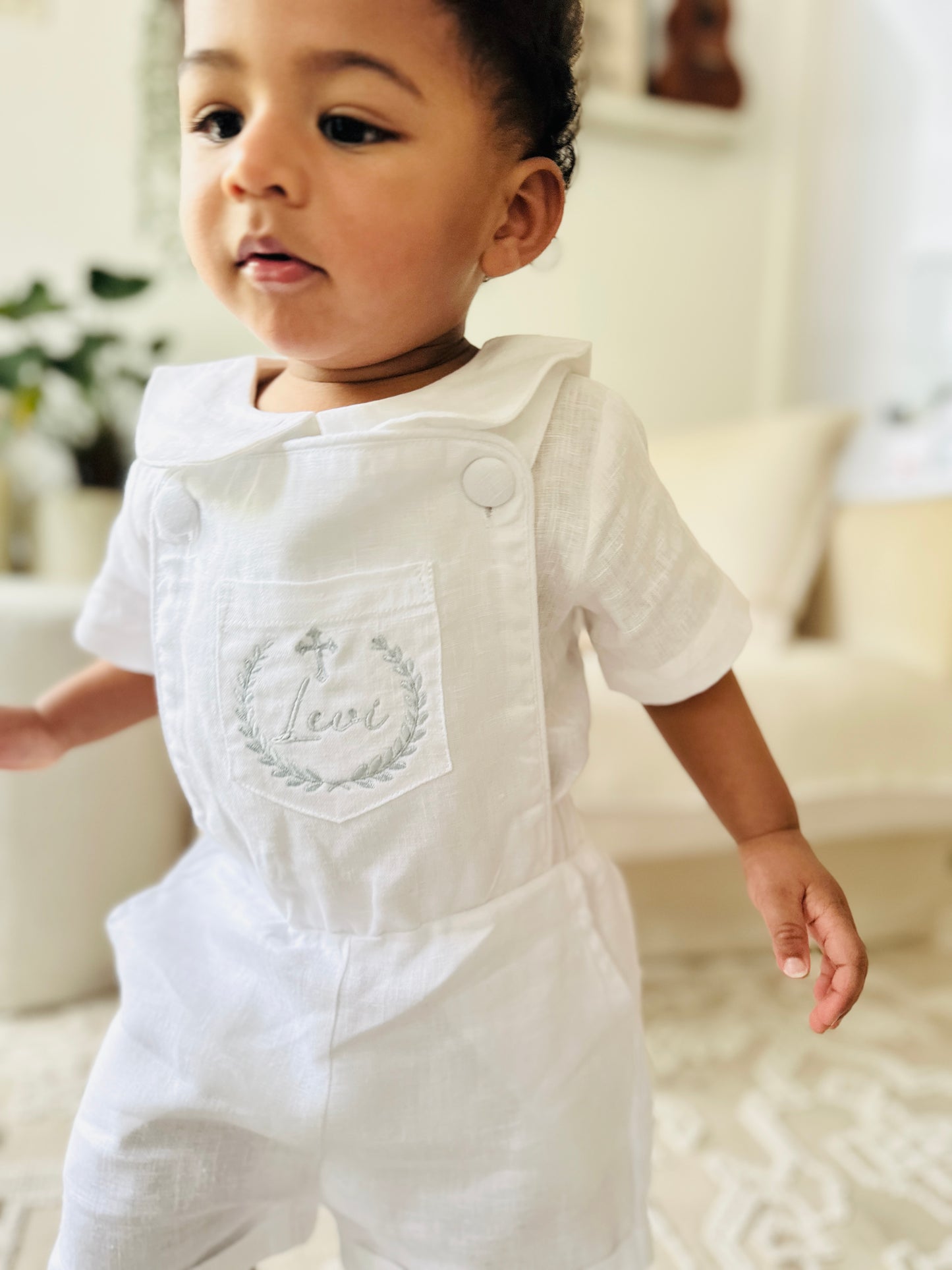 Boys white pure linen overalls suspender shorts with optional linen blouse and embroidery