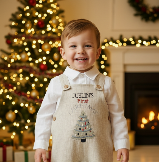 Boys Beige Linen Christmas overalls romper customisable