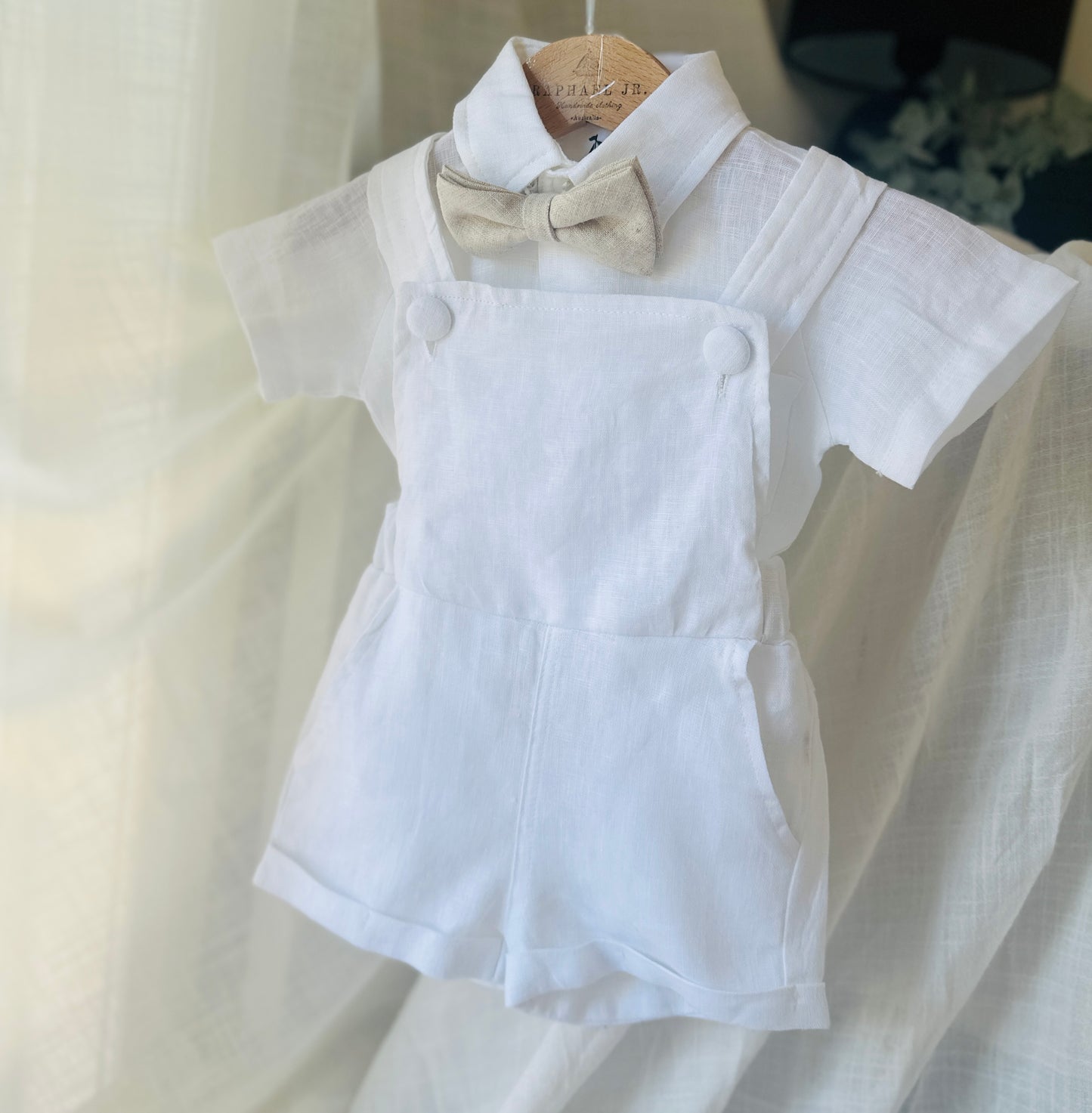 Boys white pure linen overalls suspender shorts with optional shirt and embroidery