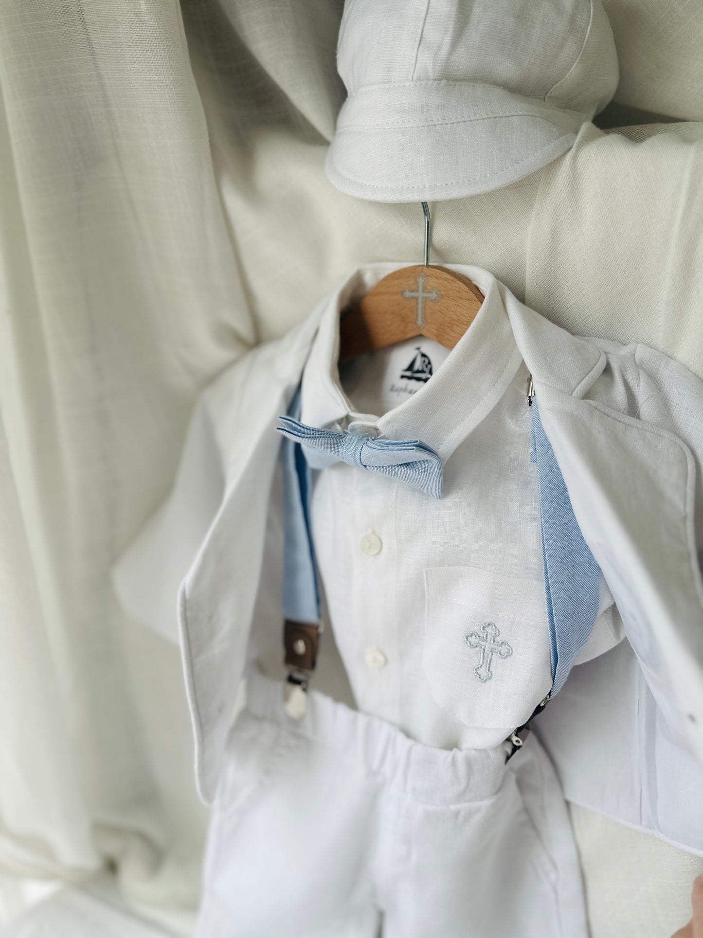 White linen Baptism suit set with pants, shirt, suspenders and bowtie plus optional jacket and extras