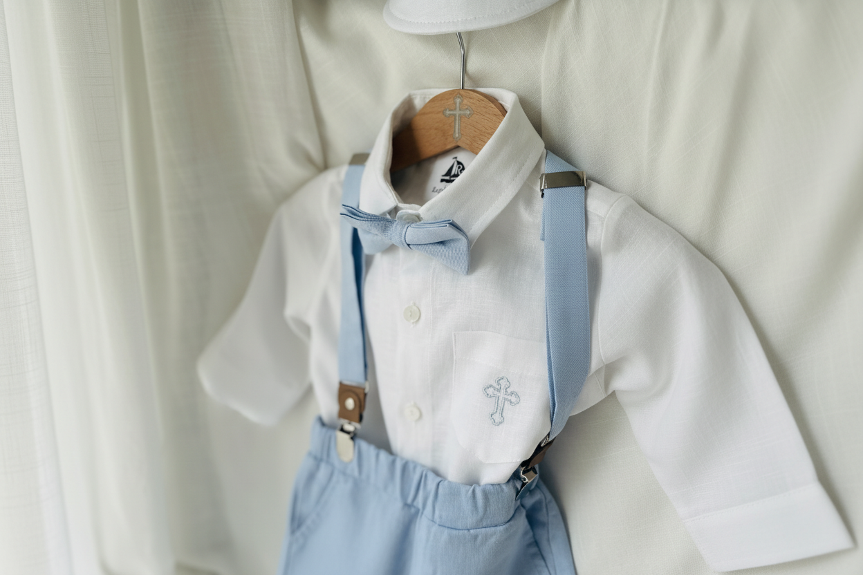 Boys pale blue and white set with vest, pants, linen shirt, bowtie and suspenders, plus optional jacket cap and shoes