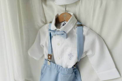 Boys pale blue and white set with vest, pants, linen shirt, bowtie and suspenders, plus optional jacket cap and shoes