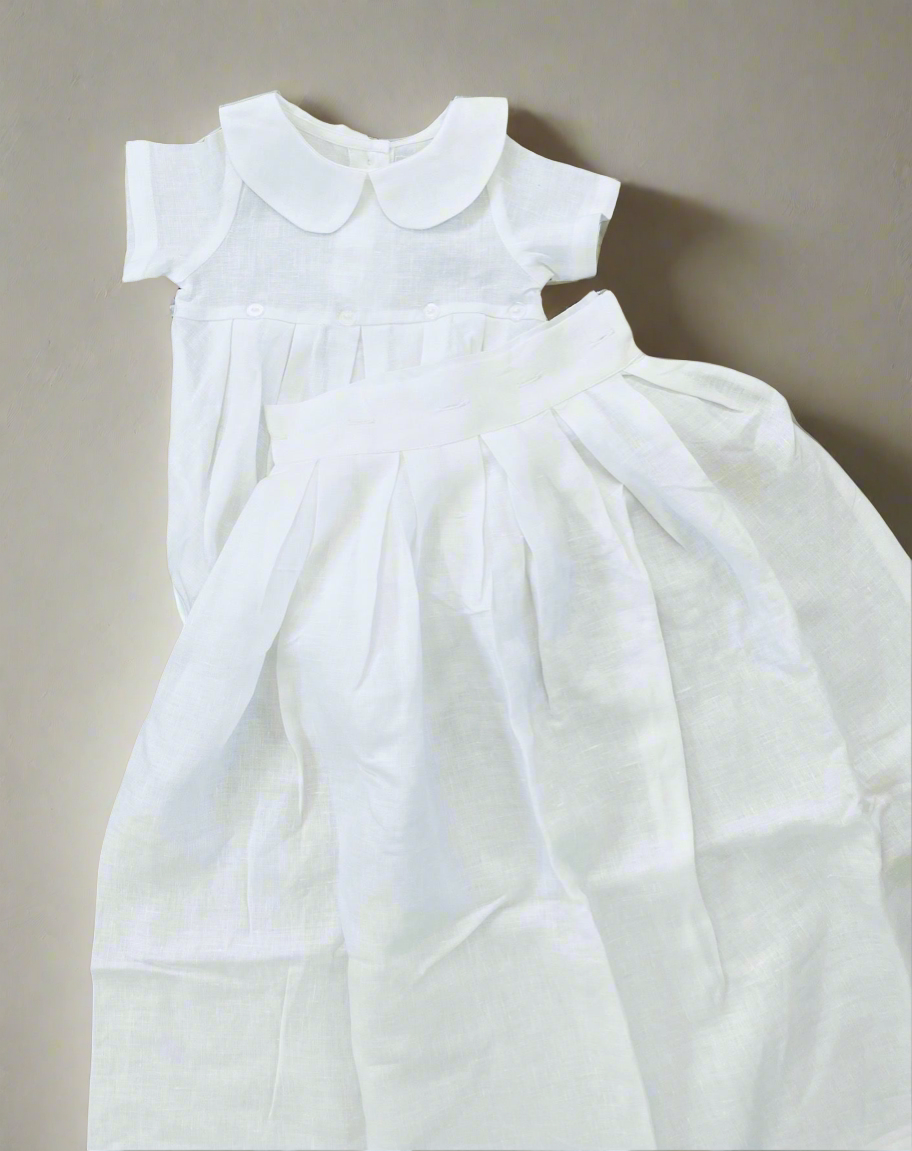 Plain White pure Linen unisex Baptism Gown with detachable skirt dress and optional monogram embroidery