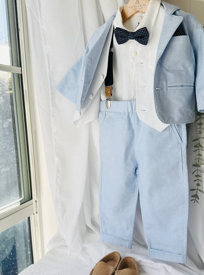 Pale Blue Suit with white linen vest and optional Jacket