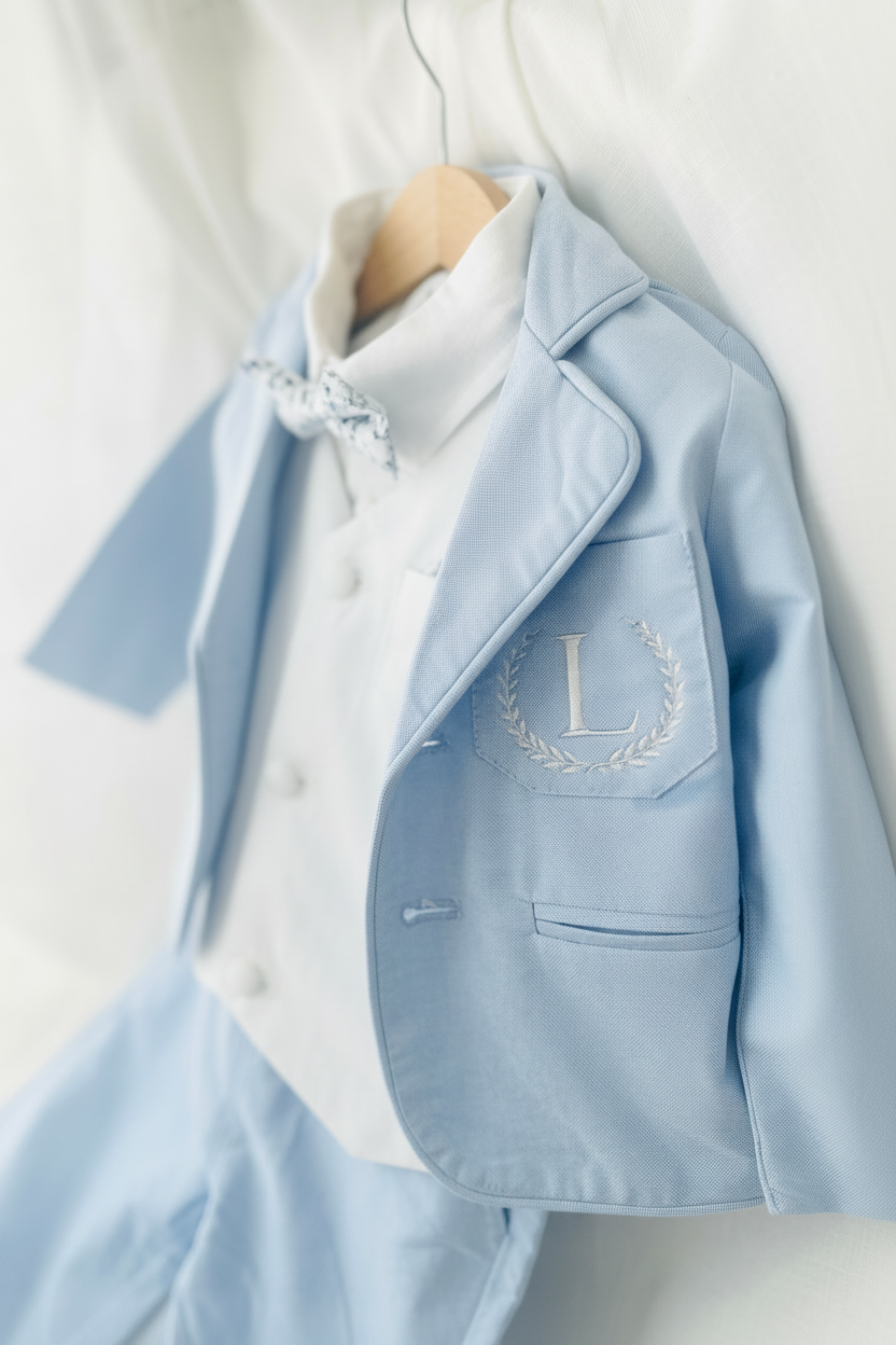 Pale Blue Suit with white linen vest and optional Jacket