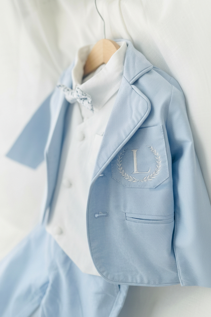 Pale Blue Suit with white linen vest and optional Jacket