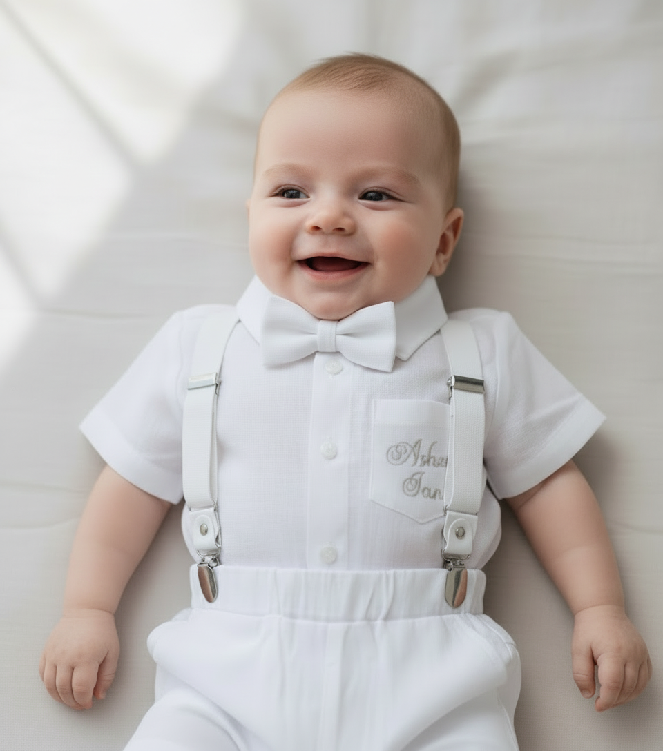 White linen summer Baptism outfit with shorts shirt and suspenders and optional pale blue jacket