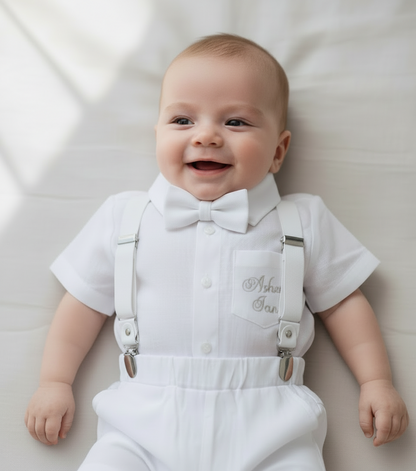 White linen summer Baptism outfit with shorts shirt and suspenders and optional pale blue jacket