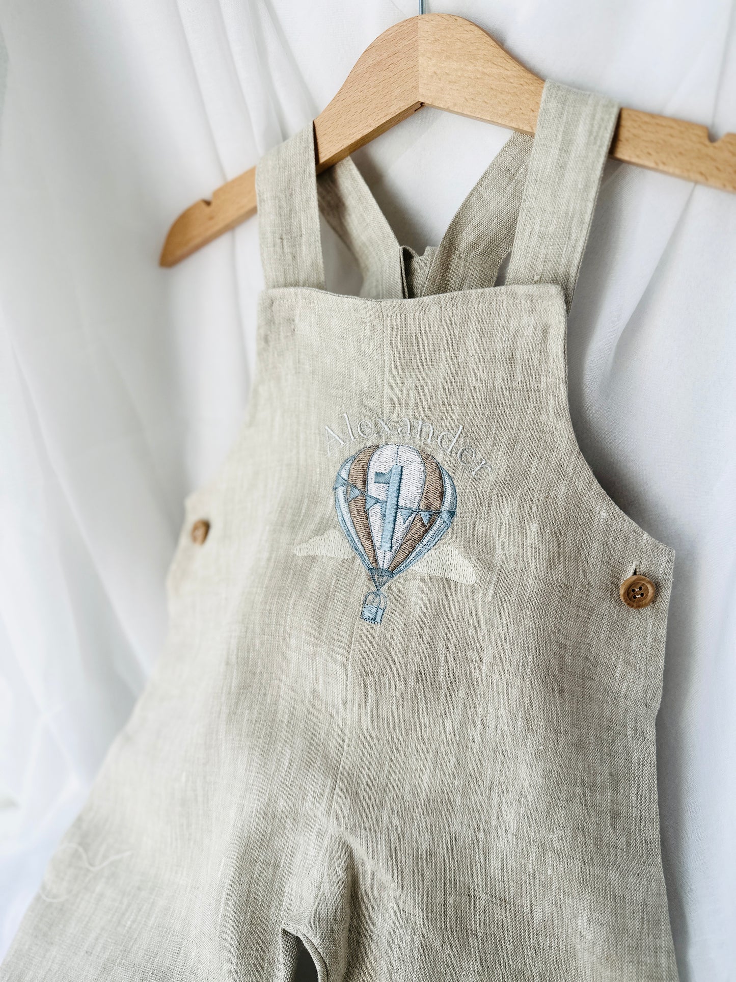 Boys Beige Linen Birthday overalls romper dungarees safari balloon fast car wild sea themes