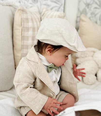 Beige Linen Baptism outfit with suspender shorts, shirt, and bow tie plus optional jacket and embroidery