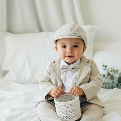 Beige linen pants and shirt set with bowtie and suspenders and optional personalisation