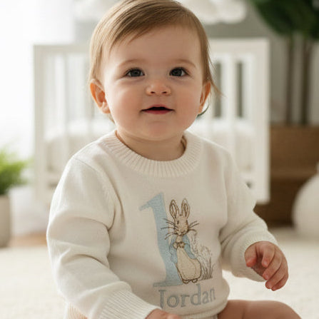Warm white cotton sweater with optional first birthday embroidery
