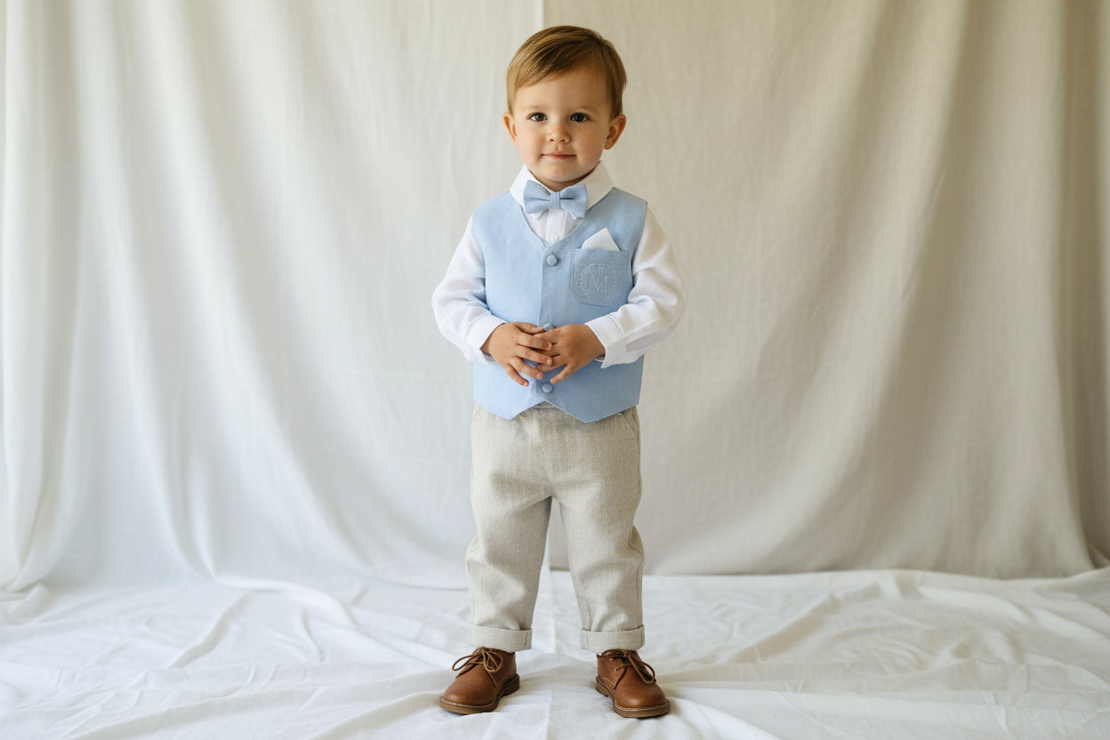 Beige Linen pants and blue vest outfit