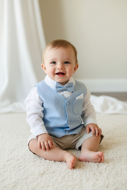 Pale blue and Beige linen summer set with blue vest, white shirt, beige shorts, suspenders and blue bow tie