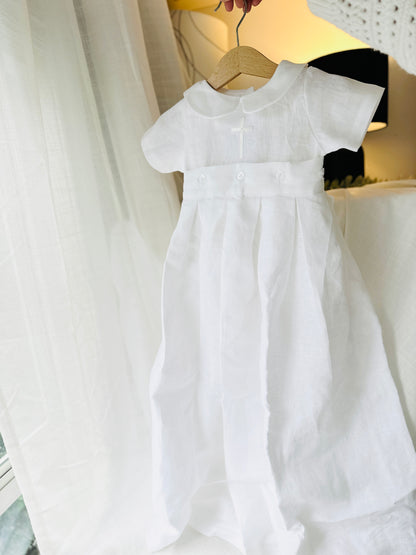 White Linen Unisex Baptism Gown 3/4 length romper with detachable skirt