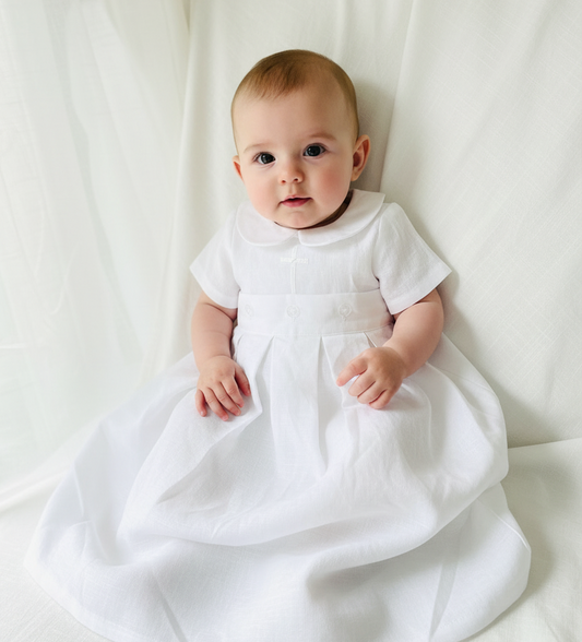 White Linen Baptism Gown romper with detachable skirt dress and optional embroidery