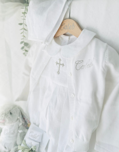 Linen Baptism peter pan collar bubble romper with optional embroidery customisation