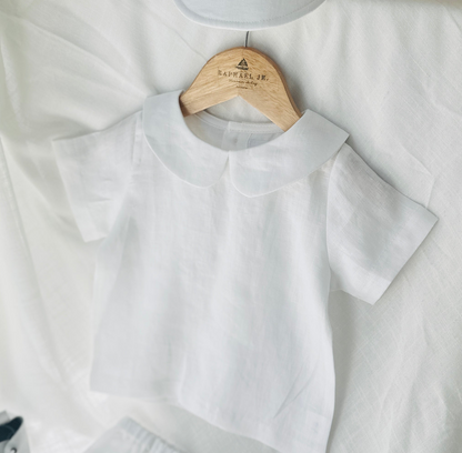 Boys white and grey linen baptism outfit with bloomers and blouse shirt