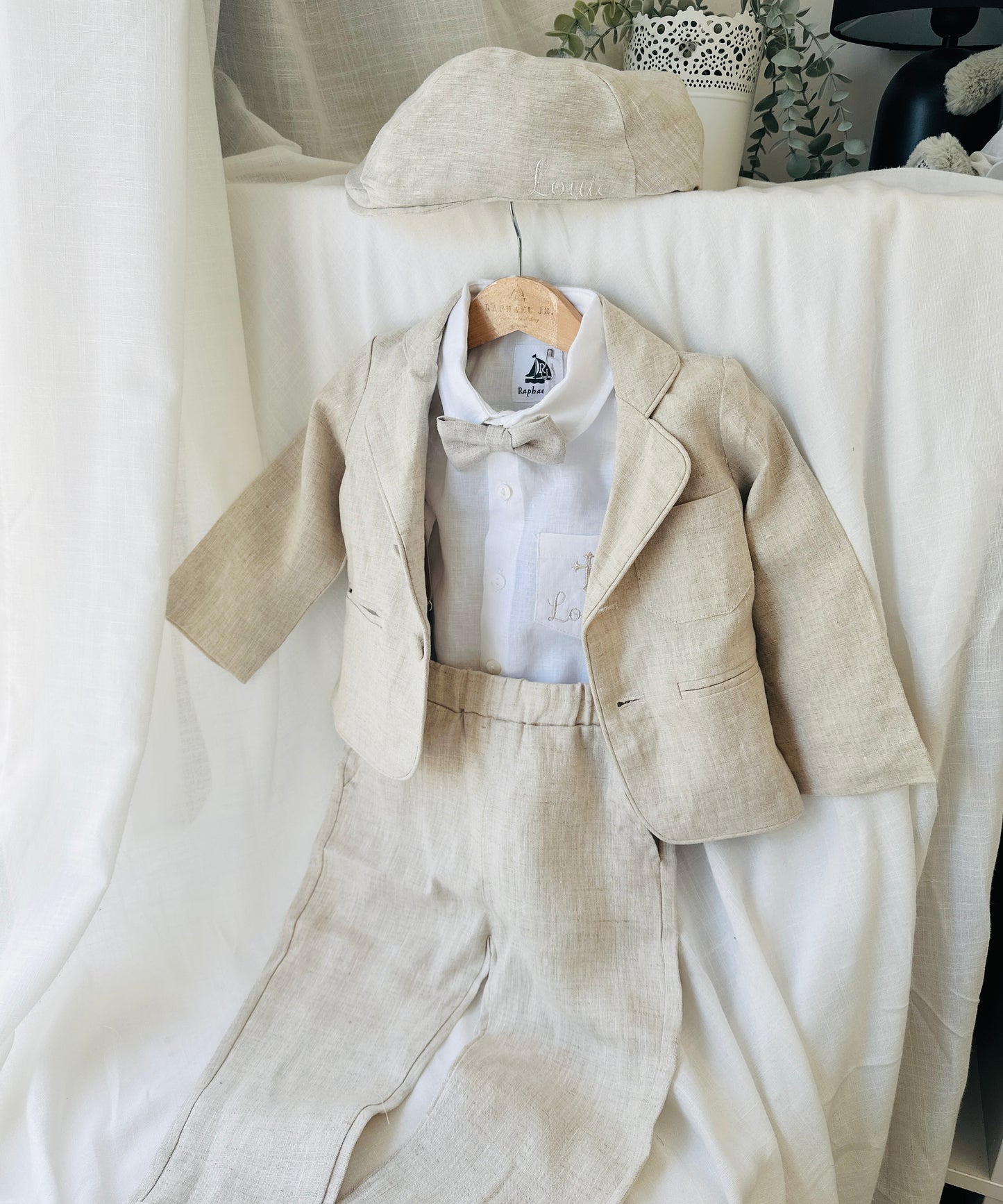 Beige linen suit with optional jacket, cap and shoes.