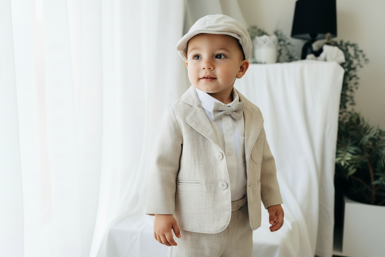 Beige linen suit with optional jacket, cap and shoes.