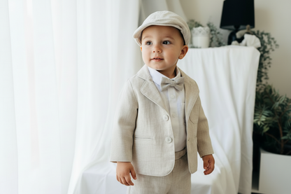 Beige linen suit with optional jacket, cap and shoes.