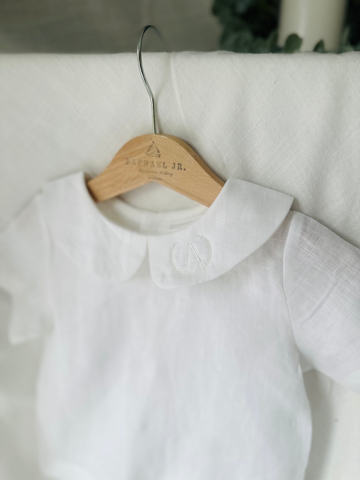 Baby white linen baptism romper overalls and blouse shirt set
