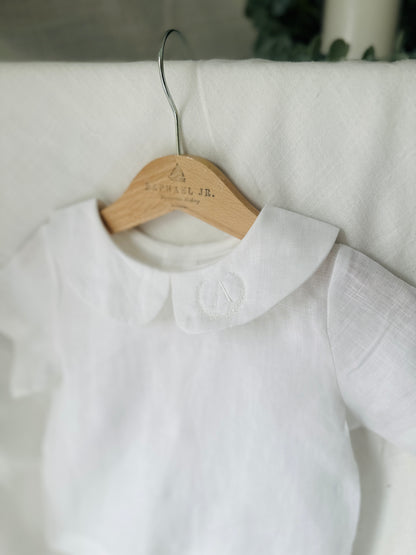 Boys white and grey linen baptism outfit with bloomers and blouse shirt