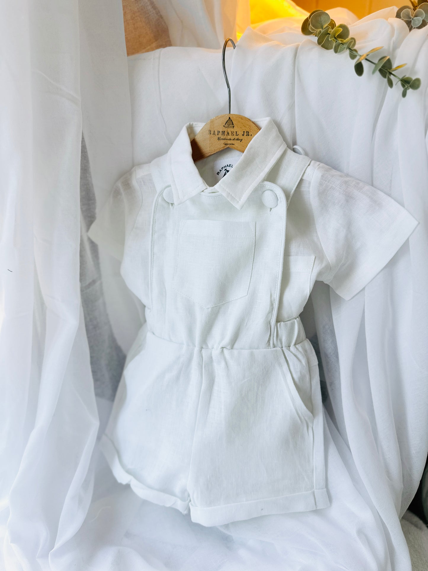 Boys white pure linen overalls suspender shorts with optional shirt and embroidery