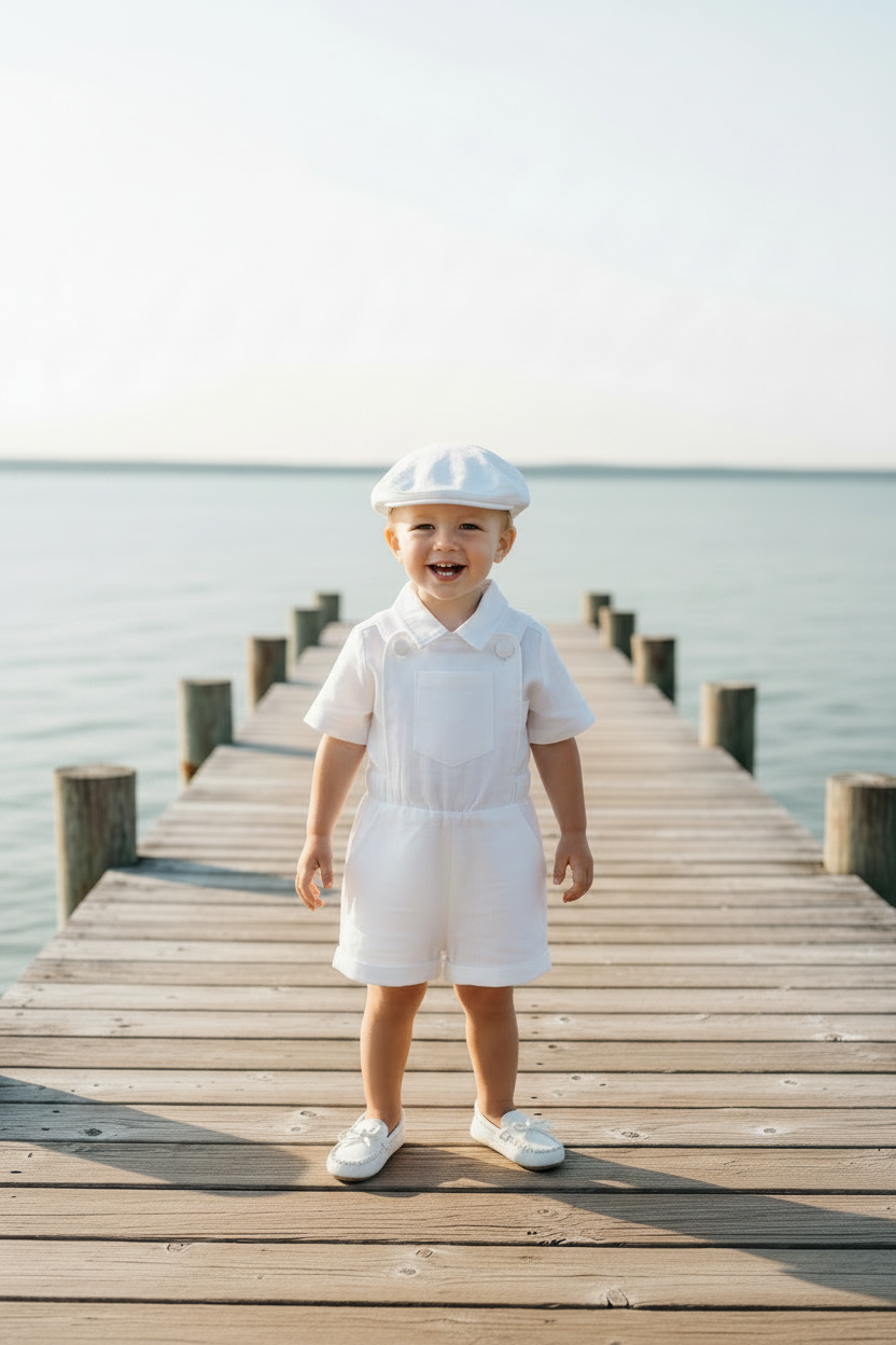 Boys white pure linen overalls suspender shorts with optional linen blouse and embroidery