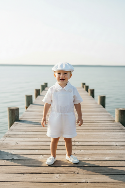 Boys white pure linen overalls suspender shorts with optional shirt and embroidery
