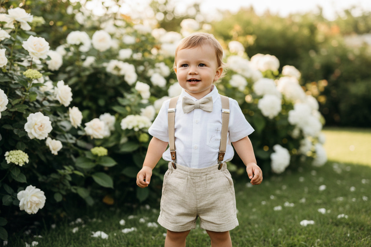 Beige Linen Baptism outfit with suspender shorts, shirt, and bow tie plus optional jacket and embroidery
