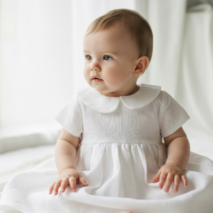Pure Linen knee length Baptism Dress with embroidery and bloomers and optional ribbon