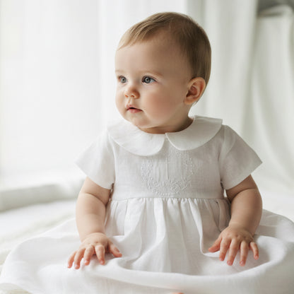 Pure Linen knee length Baptism Dress with embroidery and bloomers and optional ribbon