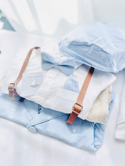 Blue chambray set with blue pants, white linen shirt, white, blue or beige suspenders and blue bow tie