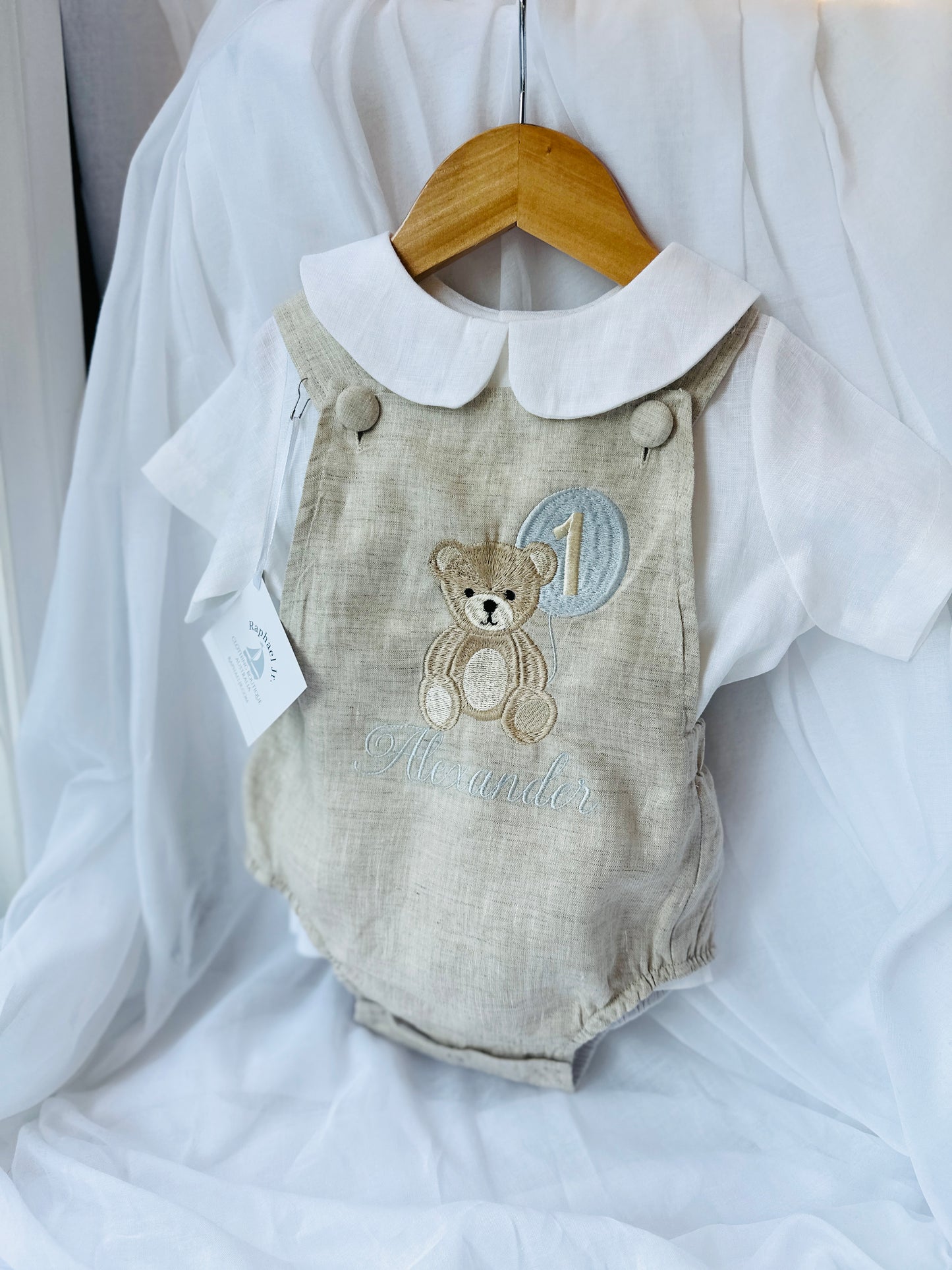 Beige and white linen Birthday and Baptism romper and blouse set