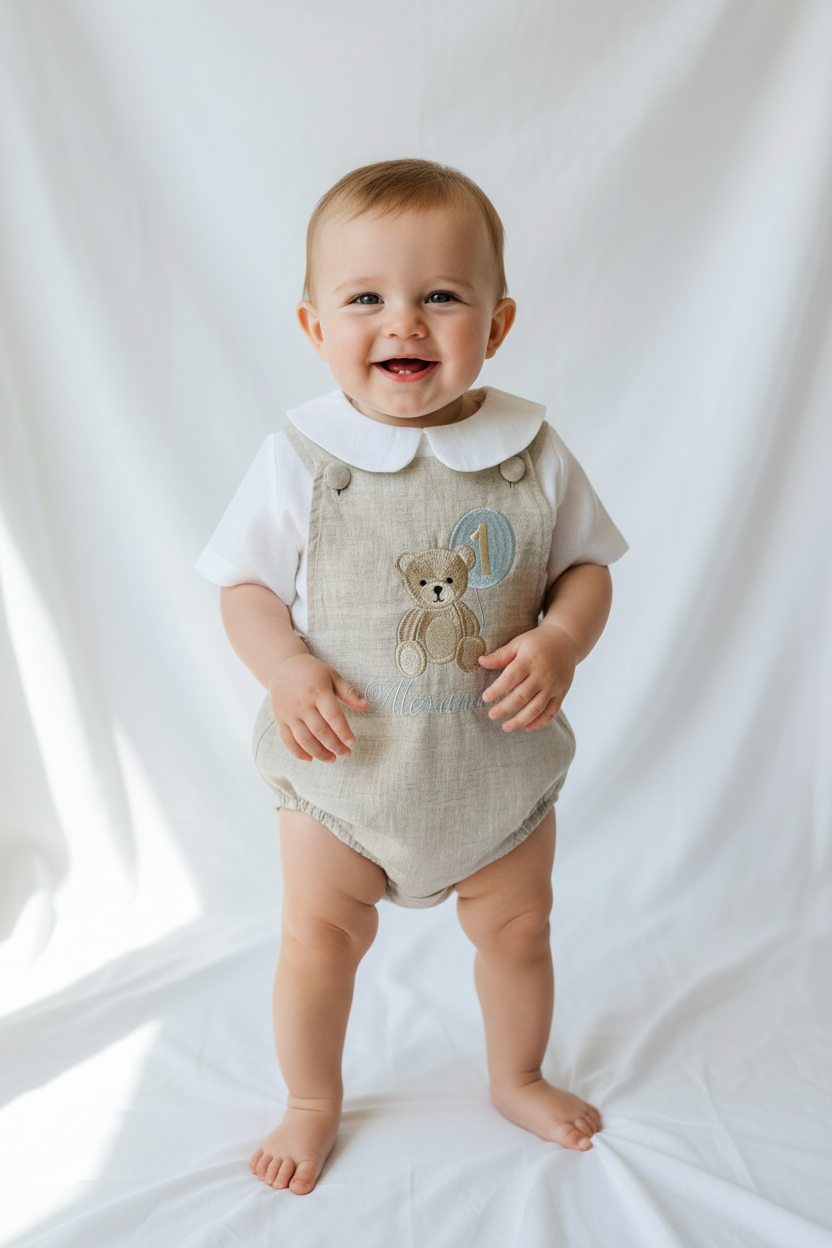 Beige and white linen Birthday and Baptism romper and blouse set