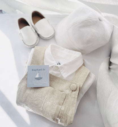 Baby and Toddler boys blue and white linen baptism and birthday romper and shirt set