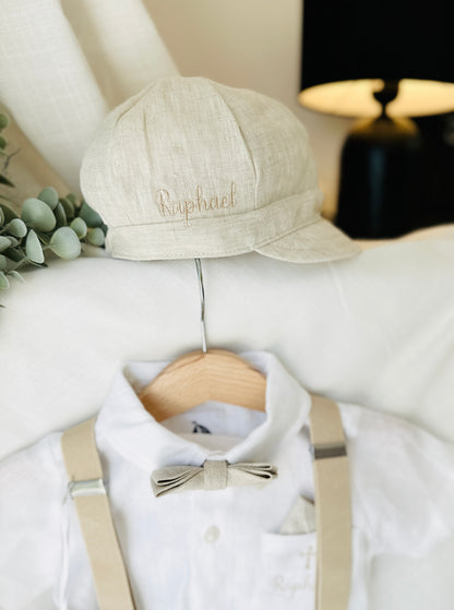 Beige Linen Baptism outfit with suspender shorts, shirt, and bow tie plus optional jacket and embroidery