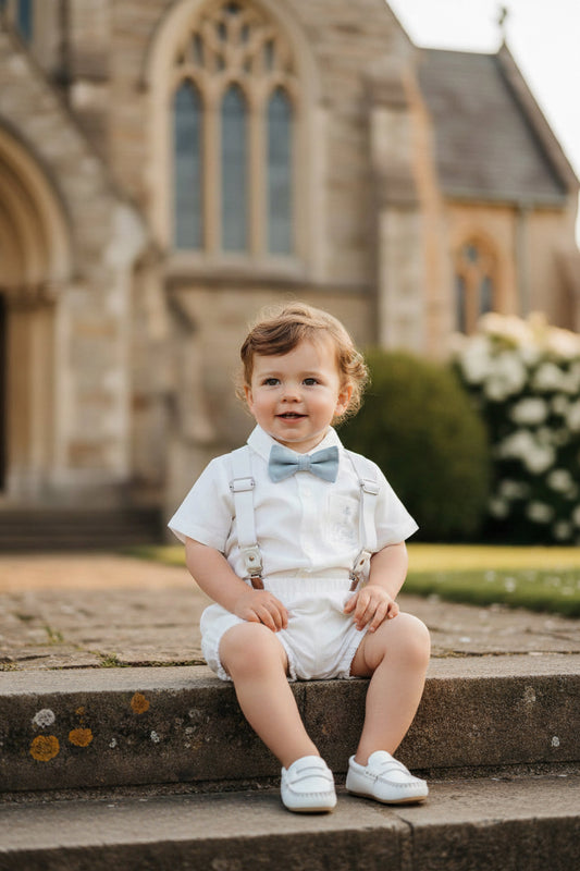 Baby and Toddler Boys white linen baptism outfit with bloomers, shirt, suspenders, bow tie