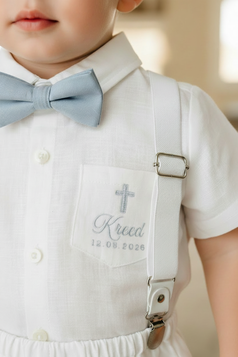 Baby and Toddler Boys white linen baptism outfit with bloomers, shirt, suspenders, bow tie