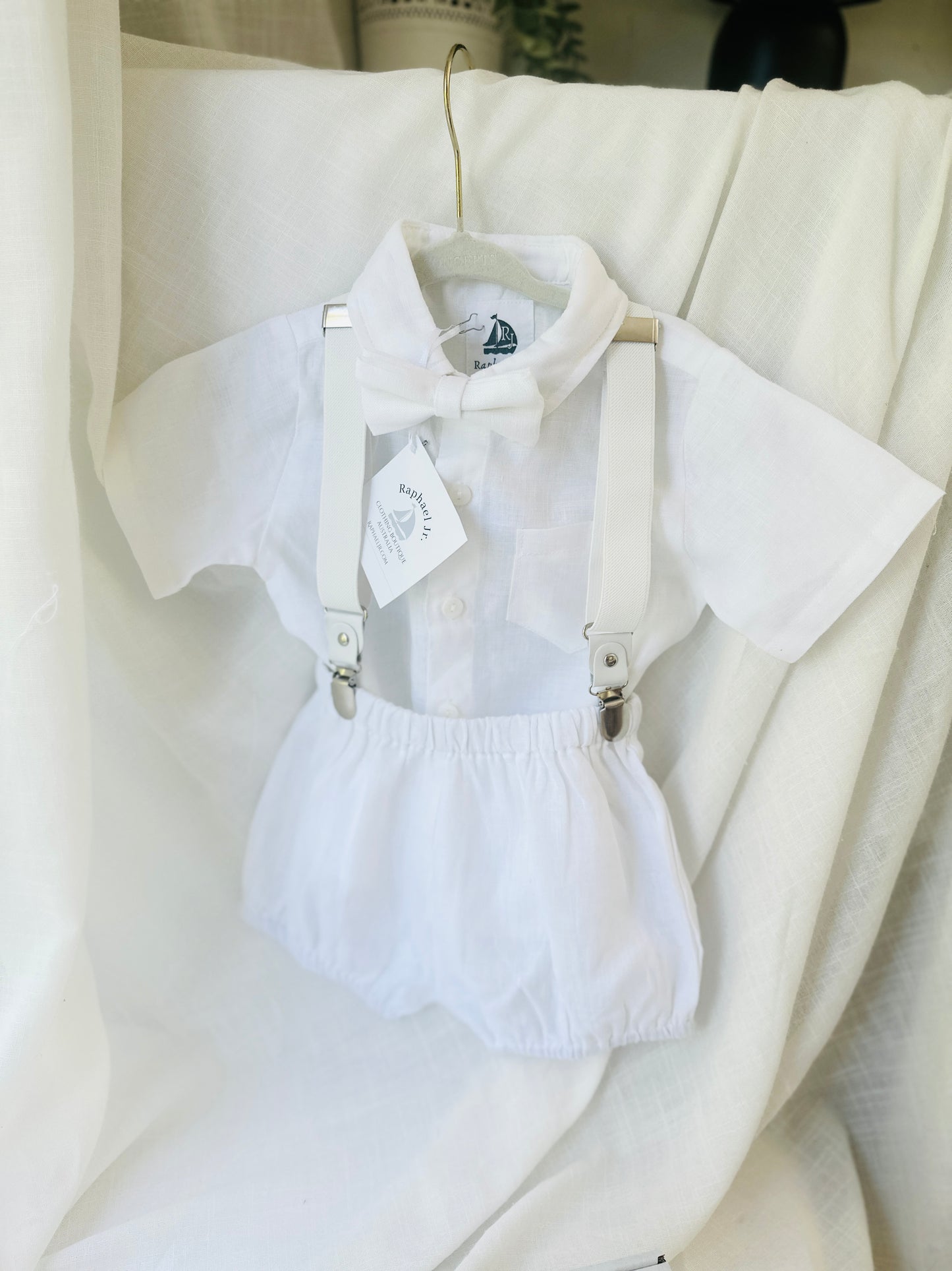 Baby and Toddler Boys white linen baptism outfit with bloomers, shirt, suspenders, bow tie