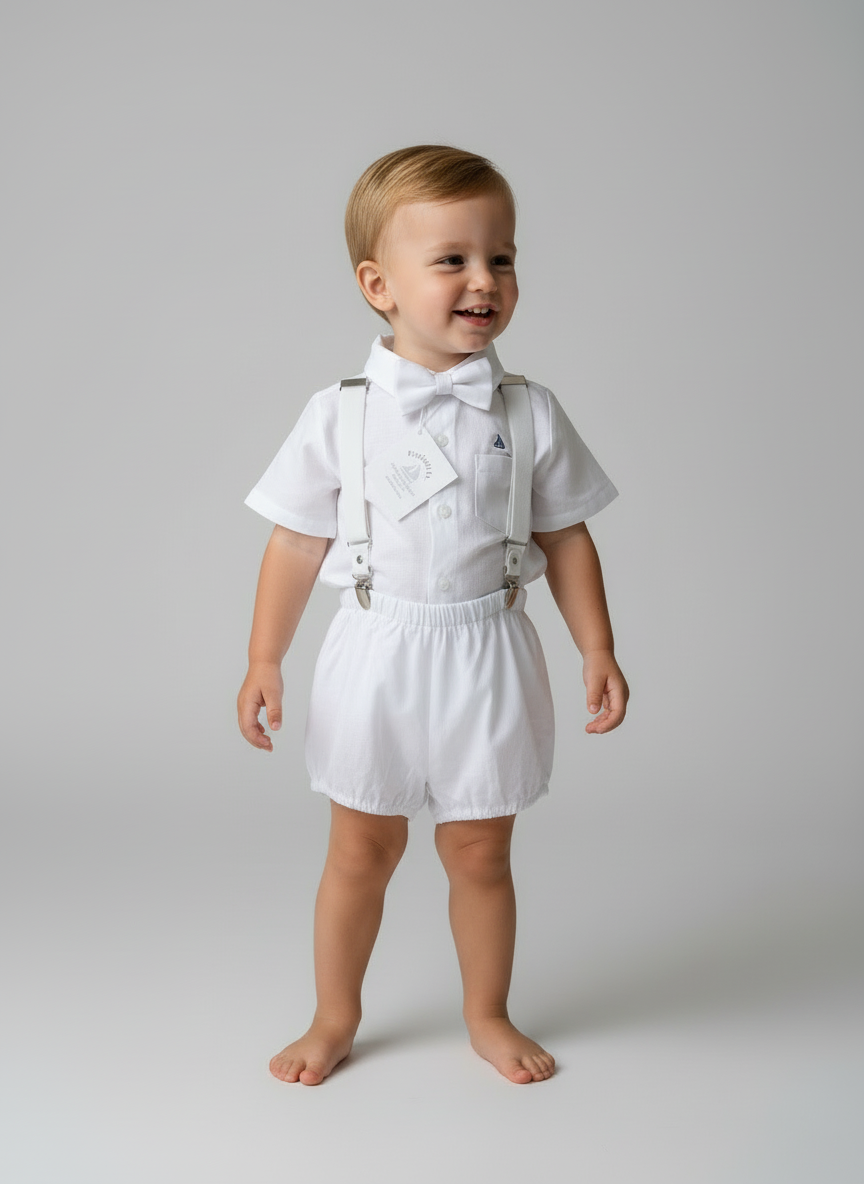Baby and Toddler Boys white linen baptism outfit with bloomers, shirt, suspenders, bow tie