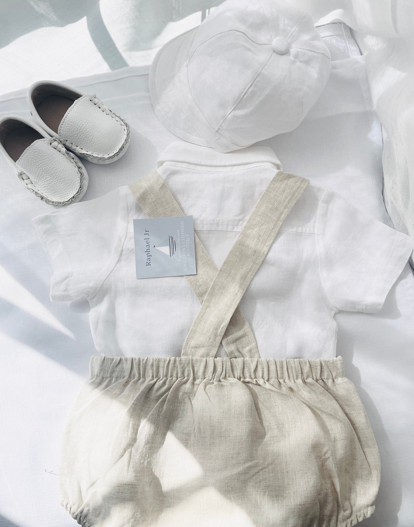 Baby and Toddler boys beige and white linen baptism romper and shirt set