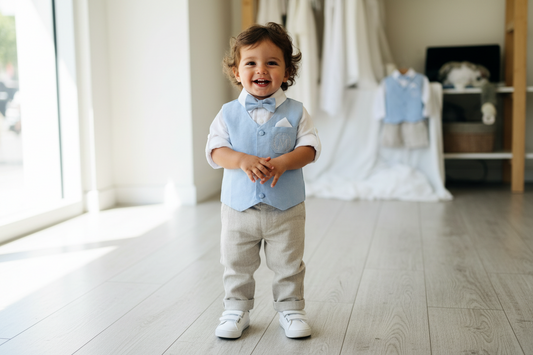 Beige Linen pants and blue vest outfit